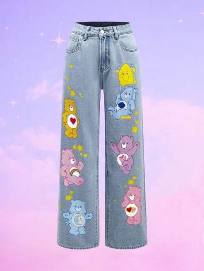 ROMWE X Care Bears سروال جينز للنساء مطبوع عليه رسوم الدب بجيوب مائلة