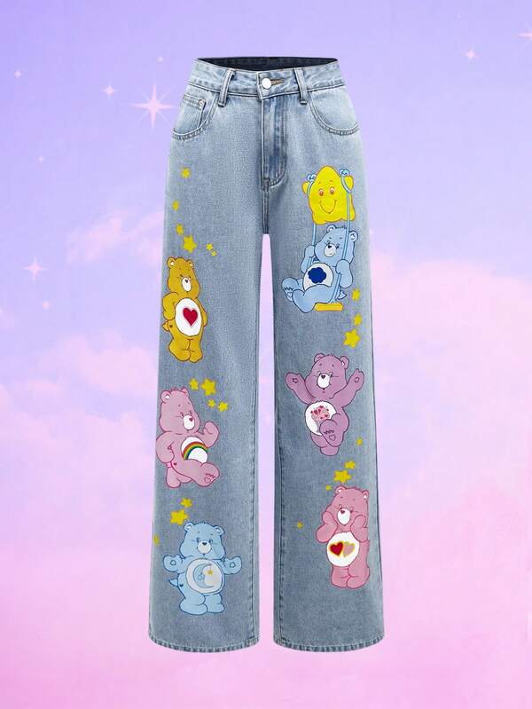 ROMWE X Care Bears Women's Slant Pocket Cartoon Bear Print Jeans