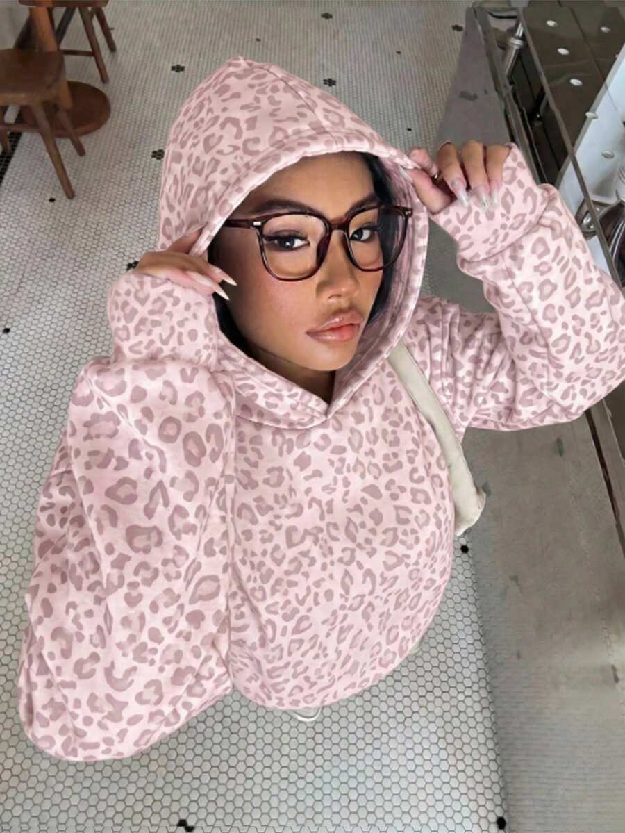 青少年女孩休閒日常童裝時尚街頭風豹紋連帽寬鬆秋季衛衣 - 粉色 - 查看 1