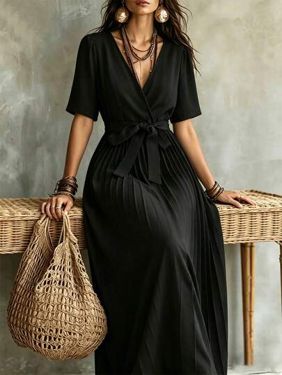 Linhara CURVE Women's Plus Size Solid Color Cross V-Neck Short Sleeve Cinched Waist Cinched Waist Pleated Hem Dress Vacation Black Summer