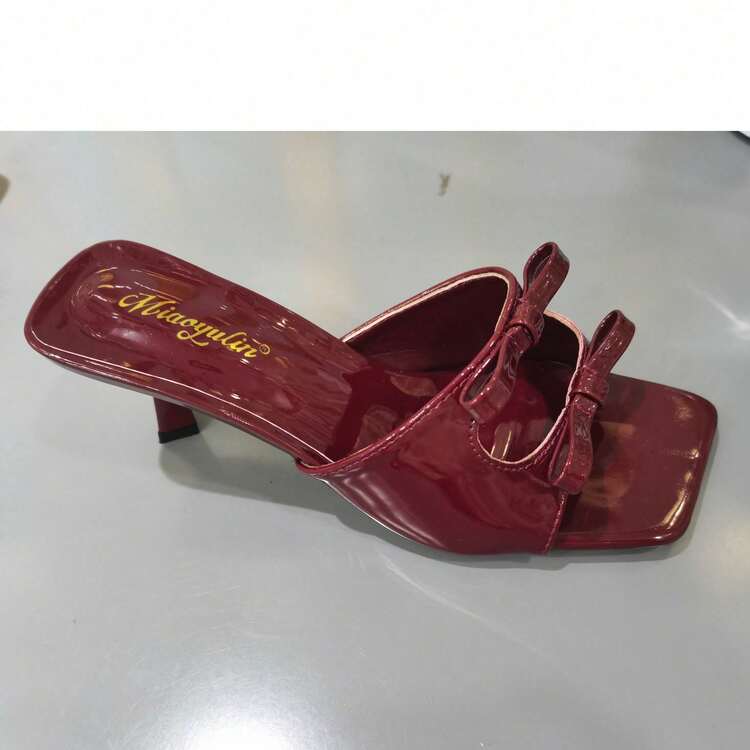 CUCCOO CHICEST 女款純色雙蝴蝶結方頭高跟拖鞋 - 酒紅色 - 查看 11