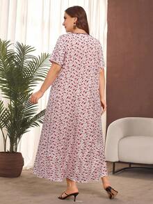Lacomfia Plus Size Ditsy Floral Short Sleeve Ruffle Hem Casual Maxi Dress - Pink - View 2