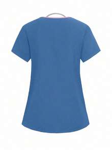 TaskEZ Conjunto de uniforme de enfermería con top de manga corta con cuello en V y pantalones de unicolor con patchwork - Azul - Ver 4