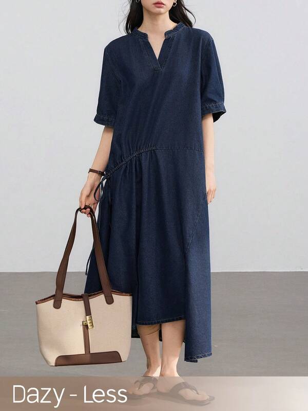 Dazy-Less Women's V-Neck Pleated Casual Daily Summer Denim Dress