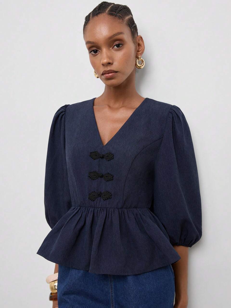 SHEIN Maija Navy Blue Polka Dot Women's Shirt With Puff Sleeves, V-Neck And Frog Button Decoration, Vintage Elegant Chinese Style Office Brunch Dinner Autumn