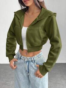 SHEIN PETITE 女款純色前拉鍊長袖口袋上衣 - 軍綠色 - 查看 5