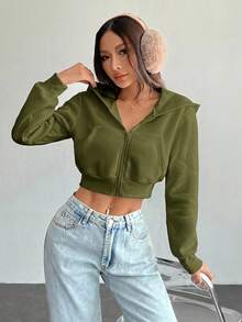 SHEIN PETITE 女款純色前拉鍊長袖口袋上衣 - 軍綠色 - 查看 6