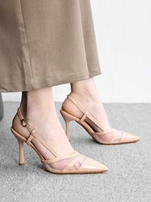 CUCCOO BIZCHIC 女款緞面網格拼接露跟高跟鞋，尖頭雙帶細跟鞋 - 杏色鏡面 - 查看 6