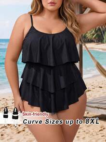 SHEIN CURVE+ 2026Summer Beach Plus Tiered Ruffle Hem One Piece Swimsuit - Black - View 1