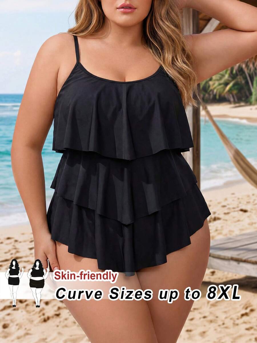 SHEIN CURVE+ 2026Summer Beach Plus Tiered Ruffle Hem One Piece Swimsuit - Black - View 1
