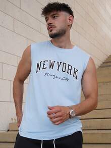 LEOGASHI Men's Casual Letter Print Wide Strap Sleeveless Top, Holiday - Blue - View 5