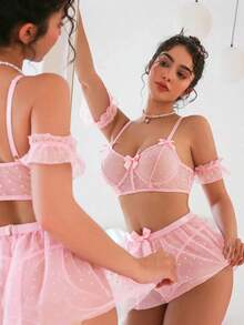 SHEIN 浪漫蕾絲可愛裙裝套裝 4件組 - 粉色 - 查看 1