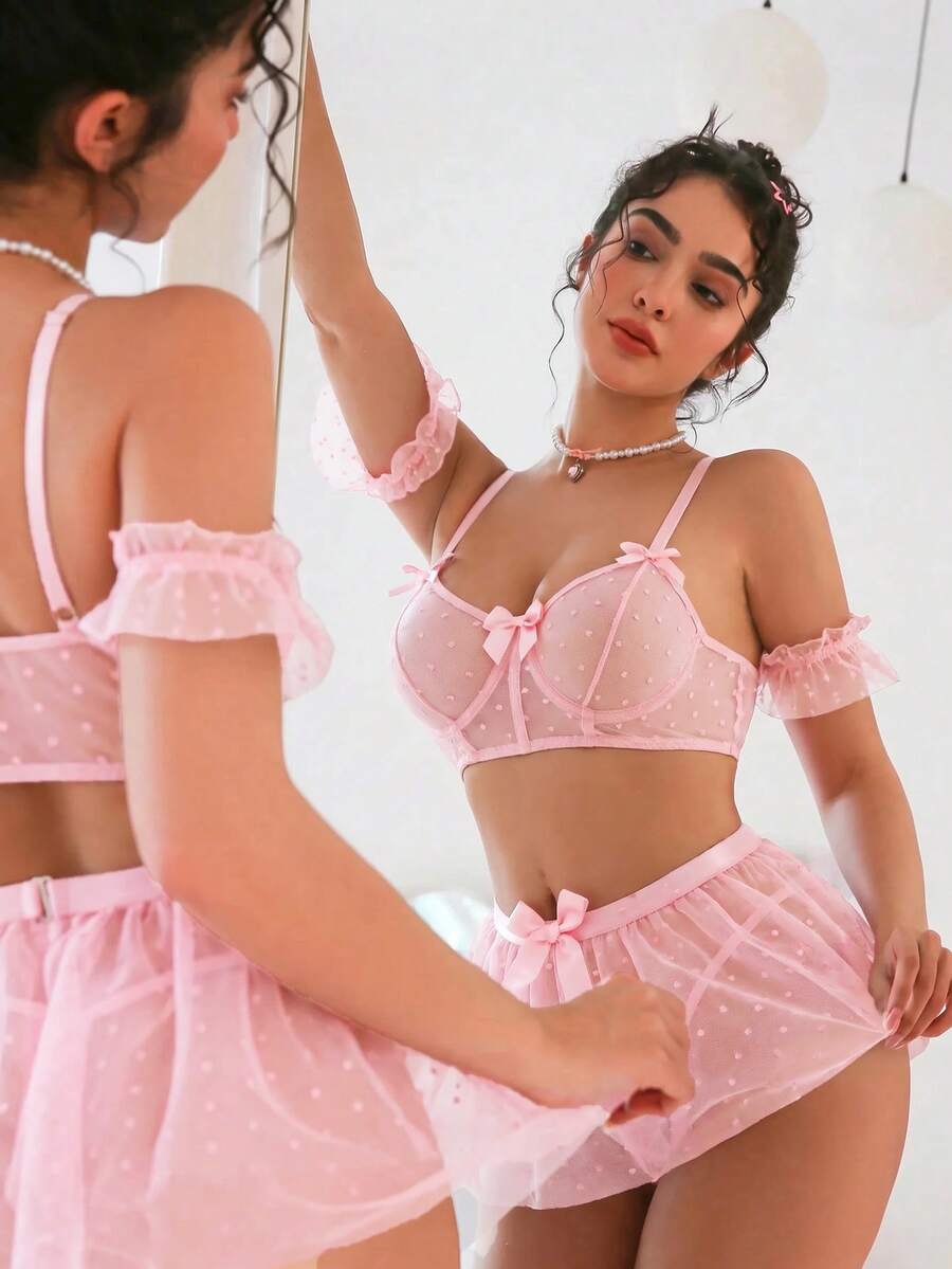 SHEIN 浪漫蕾絲可愛裙裝套裝 4件組 - 粉色 - 查看 1