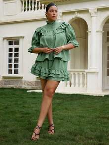 VOLUPTÉ CURVE Plus Size Women's Summer Green Faux Linen Stand Collar Puff Sleeve Set, Ruffle Crop Casual Commute Vacation Two Pieces Set Fall - Green - View 6