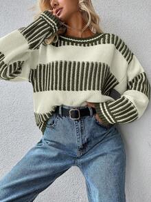 EURMUSE Striped Pattern Drop Shoulder Sweater - Khaki - View 3