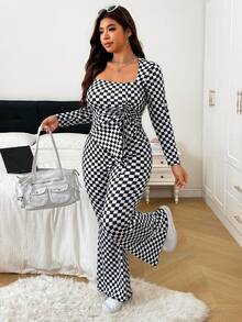 SHEIN EZwear 大尺碼棋盤格印花上衣與長褲兩件套 秋季 - 黑與白 - 查看 5