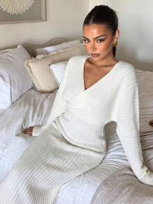Chiquease Surplice Neck Batwing Sleeve Sweater Dress - White - View 4