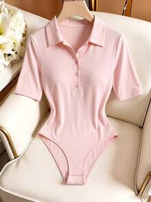Franclia Women's Solid Color Button Half-Placket Short Sleeve Casual Bodysuit - Pink - View 4