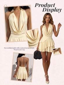 Bonvoyette Women's Solid Color Plunging Neck Backless Ruffle Hem Beach Vacation Dress - Apricot - View 6