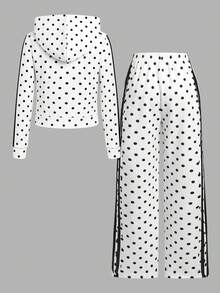 青少年女孩休閒日常百搭舒適波點印花連帽衫與長褲套裝 秋冬款 - 黑與白 - 查看 13