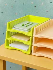 Joivida 3Pcs Stackable A4 Plastic File Trays, Multi-Layer Large Capacity Document Organizer, Sturdy Drop-Resistant Desktop Paper Storage Rack, Space-Saving Stackable Design, 4 Fresh Colors Available Blue Red Yellow Green For Office Desk Home Use - multicolor - View 5