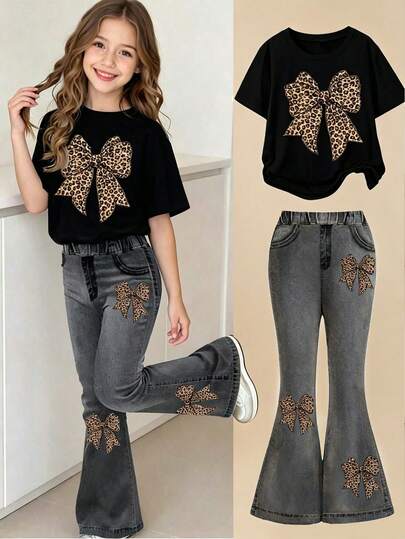 2pcs/Set Casual Fashion Spring Summer Autumn Girls T-Shirt And Flare Pants Set, Bow Leopard Print Pattern, Long Pants And Short Sleeve T-Shirt Outfit, Elastic Soft Fabric, Cute Sweet Pattern, Fashion Flare Pants Style, Spring Summer Autumn Girls Clothing Set, Girls Flare Pants Outfit