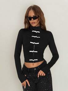 SHEIN ICON Women's Frog Button Design Long Sleeve Zipper Front Lightweight Jacket - Black and White - View 5