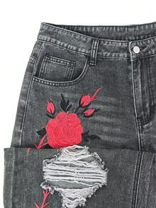GALLERY FADE 男士哥德風紅玫瑰刺繡磨損寬腿牛仔褲，Y2K龐克復古丹寧長褲 - 淺灰色 - 查看 6