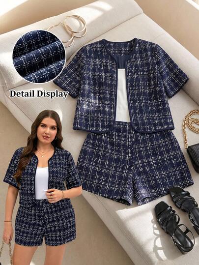 SHEIN Clasi Plus Size Women Faux Tweed Print Short Sleeve Open Front Jacket And Shorts Two Pieces Casual Smart Casual Set Office Navy Blue Summer