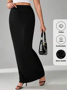 SHEIN Tall CURVE 大码女式休闲纯色长裙 - 黑色 - 查看 6