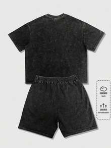 SHEIN 兒童 2 件組 青少年男孩 Street Life 春夏休閒圖案圓領短袖 T 恤與抽繩腰短褲套裝 - 彩色 - 查看 7