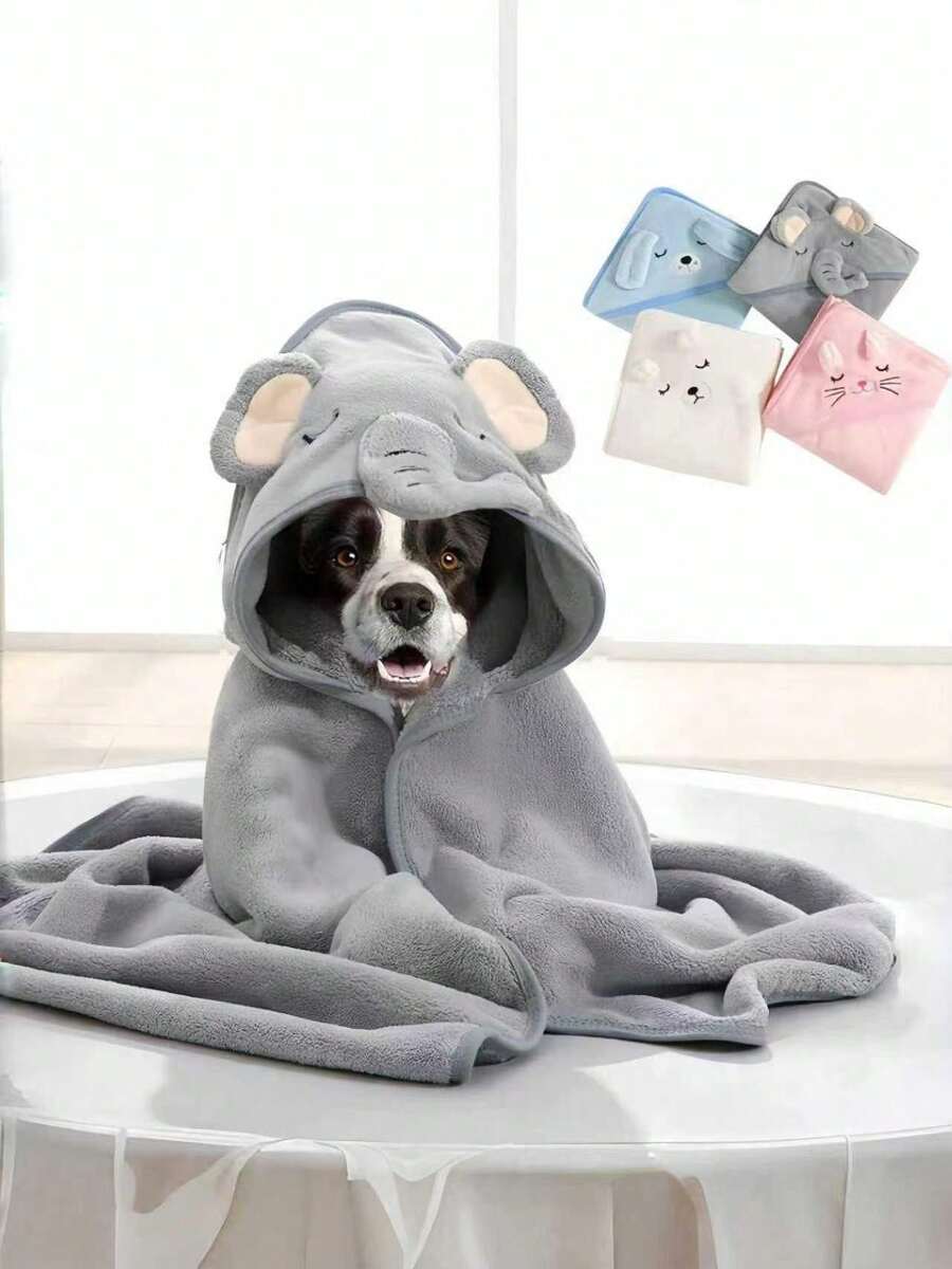 Handuk Mandi Bertudung untuk Hewan Peliharaan 1 buah - Jubah Mandi Anjing & Kucing yang Sangat Menyerap dan Cepat Kering, Bulu Karang Lembut, Desain Kartun, Handuk Pengering yang Nyaman untuk Hewan Peliharaan - MultiWarna - View 1