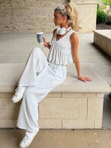 Sydney Algeri Women's V-Neck Sleeveless Top And Pants Set, Summer New Arrival,Work Outfits For Women Elegant - Grey - View 5