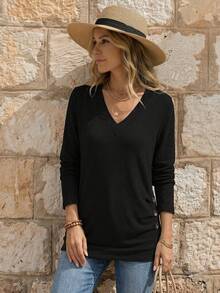 EMERY ROSE Women's Casual Basic Versatile Solid Color Long Sleeve T-Shirt Travel Black Autumn - Black - View 1