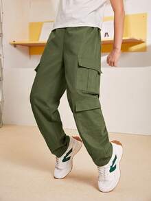 SHEIN 大童男孩運動休閒側翻蓋口袋軍綠色工裝長褲 - 軍綠色 - 查看 4