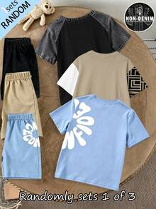 隨機發貨 1 款（共 3 款）舒適時尚新 Logo 圖案印花短袖上衣與短褲套裝，夏季休閒風度假穿搭，開學季日常穿著，禮物首選 - 彩色 - 查看 6