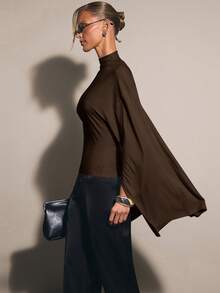 COSMINA Women's Solid Color Stand Collar Split Sleeve Fitted Elegant Blouse - Coffee Brown - View 2