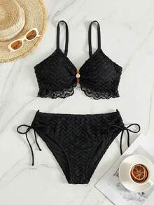 Swim Vcay 2pcs/Set Spring/Summer New Solid Color Thick Strap Ruffle Hem Pleated Lace Bikini Set With Triangle Bottom Beach Party Shorts Women Swimwear - Black - View 4