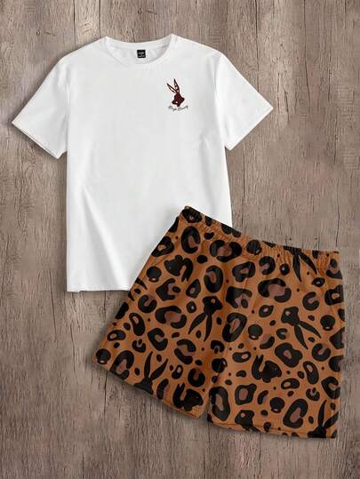 LOONEY TUNES X SHEIN Manfinity Joysei Men's Cartoon Print Short Sleeve T-Shirt And Leopard Print Shorts Casual Daily Outfit