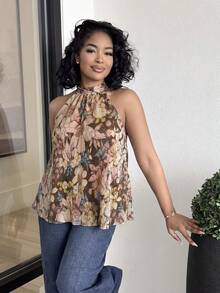 Alexandranx 女士夏季吊带褶皱碎花上衣，蝴蝶结吊带露背沙滩度假上衣。适合日常穿着、外出、海滩旅行、夏季假期。 - 彩色 - 查看 3