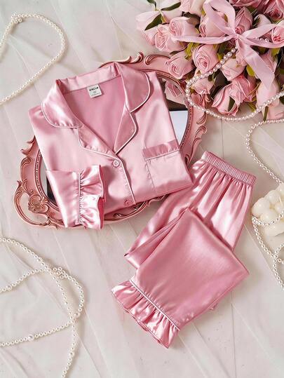 Girls' Solid Color Satin Ruffle Sleeve Long Sleeve Top And Pants With Pockets And Embroidery 2-Piece Set, Spring/Autumn