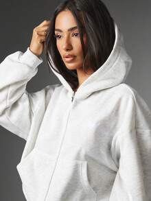 Missguided x Playboy Full-Zip Crop Hoodie With Embroidered Script Logo Front And Back Oversized Fit Long Sleeve Side Pockets - Light Grey - View 4