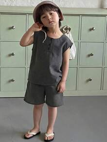Dazy Kids 男童圆领无袖舒适透气百搭日常背心套装，夏季 - 深灰色 - 查看 4