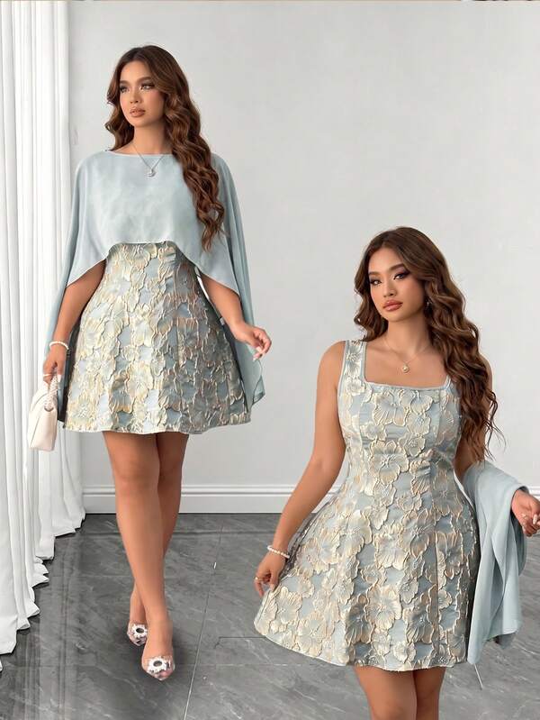 Elenzga Plus Size Women's Summer Elegant Chiffon Shawl Cover-Up Paired With Jacquard Spaghetti Strap A-Line Dress Wedding Evening Formal Party Wedding Guest