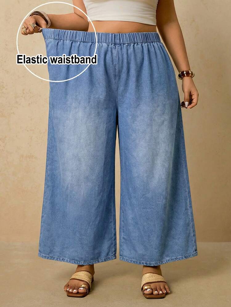 Travachic Women's Plus Size Light Wash Elastic Waist Wide Leg Jeans,Summer Light Blue Denim Culottes,Smart Casual Loose Fit Pants For Hiking,Beach Vacation - Blue - View 1