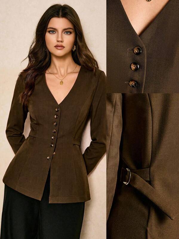 Poéselle Women's Solid Color V-Neck Long Sleeve Single-Breasted Casual Blazer, Women's Social  Blazer,Work,Autumn