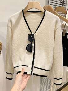 SHEIN Frenchy 女款極簡黑白針織開襟衫，經典優雅，適合辦公、約會、活動、度假 - 彩色 - 查看 4