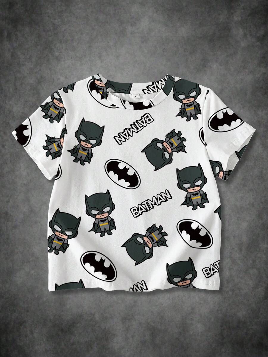 BATMAN X SHEIN 男童休闲蝙蝠与卡通图案圆领短袖T恤，夏季 - 白色 - 查看 1