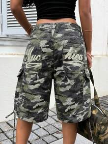 SHEIN ICON Women's Fashion Street Camouflage Print Button Cargo Denim Shorts - Multicolor - View 2
