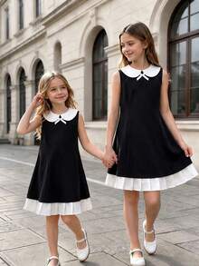 SHEIN Back To School Season Girls Black & White Classic Little Black Dress With Small Collar, Bowknot And Ruffle Hem - Black - View 6